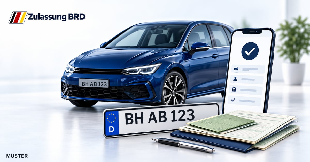 Online Fahrzeugzulassung in Rheinau: Musterkennzeichen BH AB 123, Auto und Fahrzeugpapiere und Smartphone. Illustration mit Logo von Zulassung BRD.